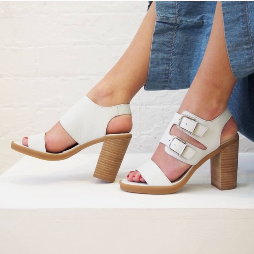 Double Buckle White Leather Block Heel Sandals